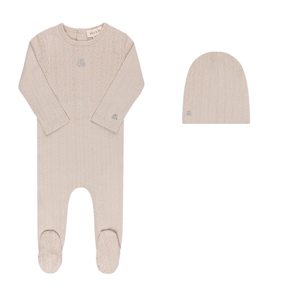 Organic embroidered cherry pointelle footie and beanie - Beige