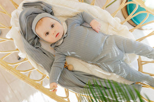 Wave collection - tulip collar footie and bonnet - blue pin dot