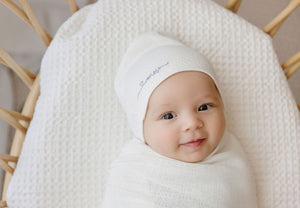 Organic amore pointelle footie and beanie - ivory/metallic blue