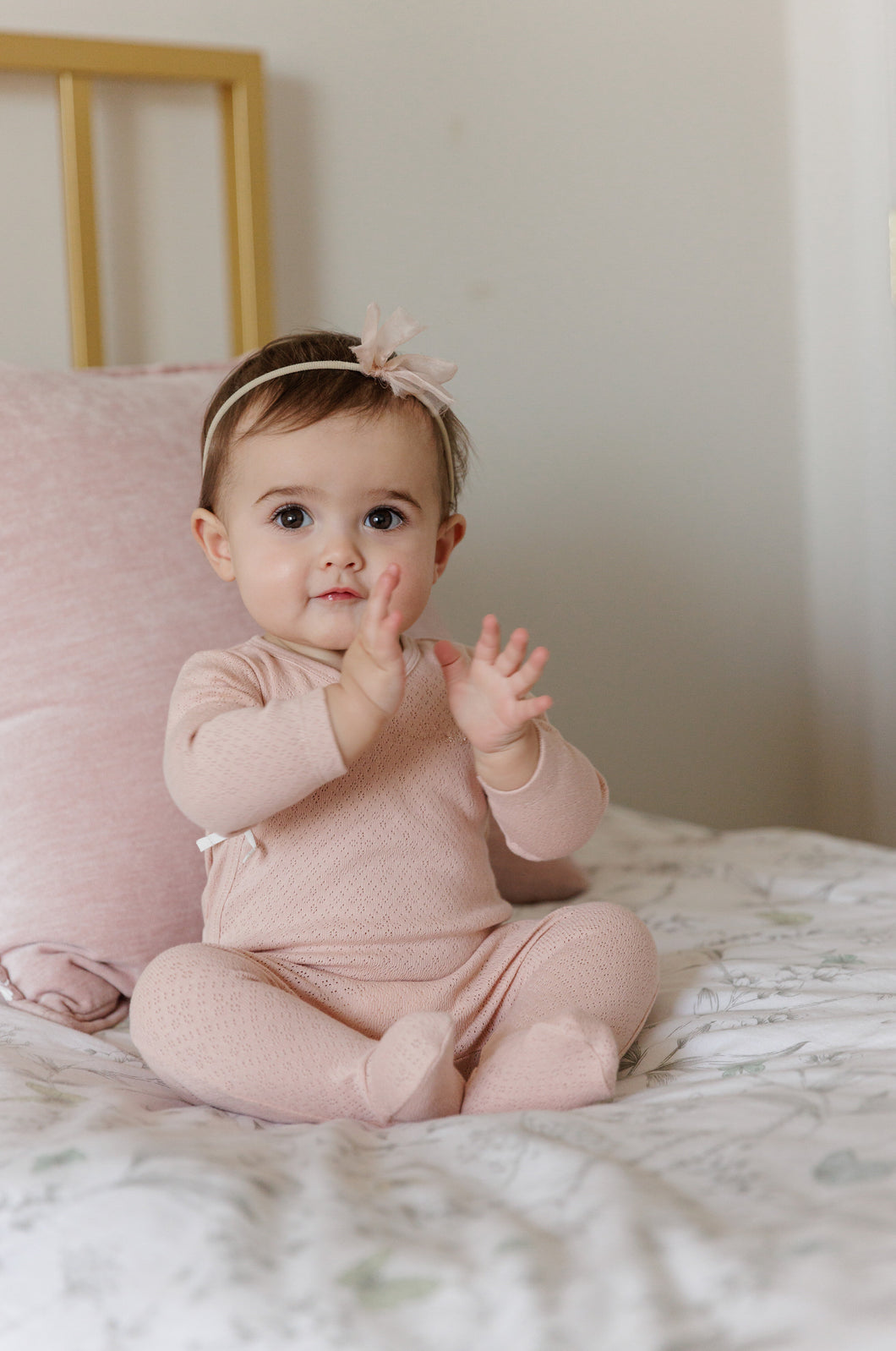 Organic amore pointelle footie and beanie - pink/rose gold