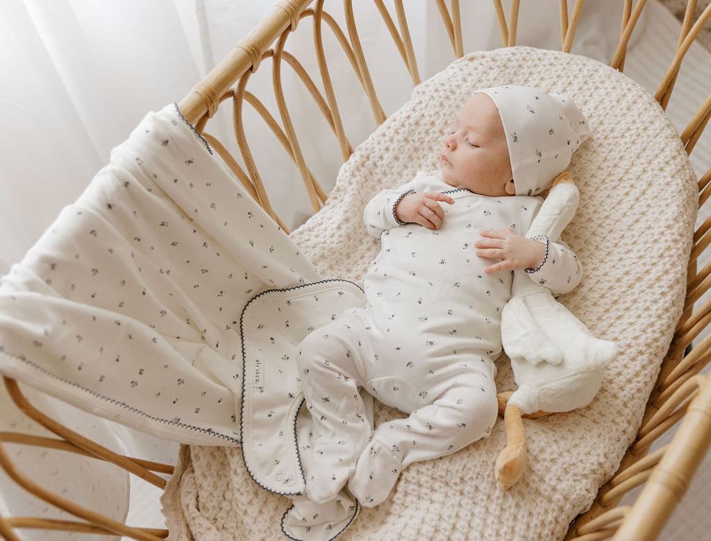Organic cotton cluster flower collection layette set - Ivory/blue