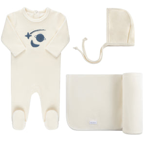 Velour celestial layette set - Ivory with navy