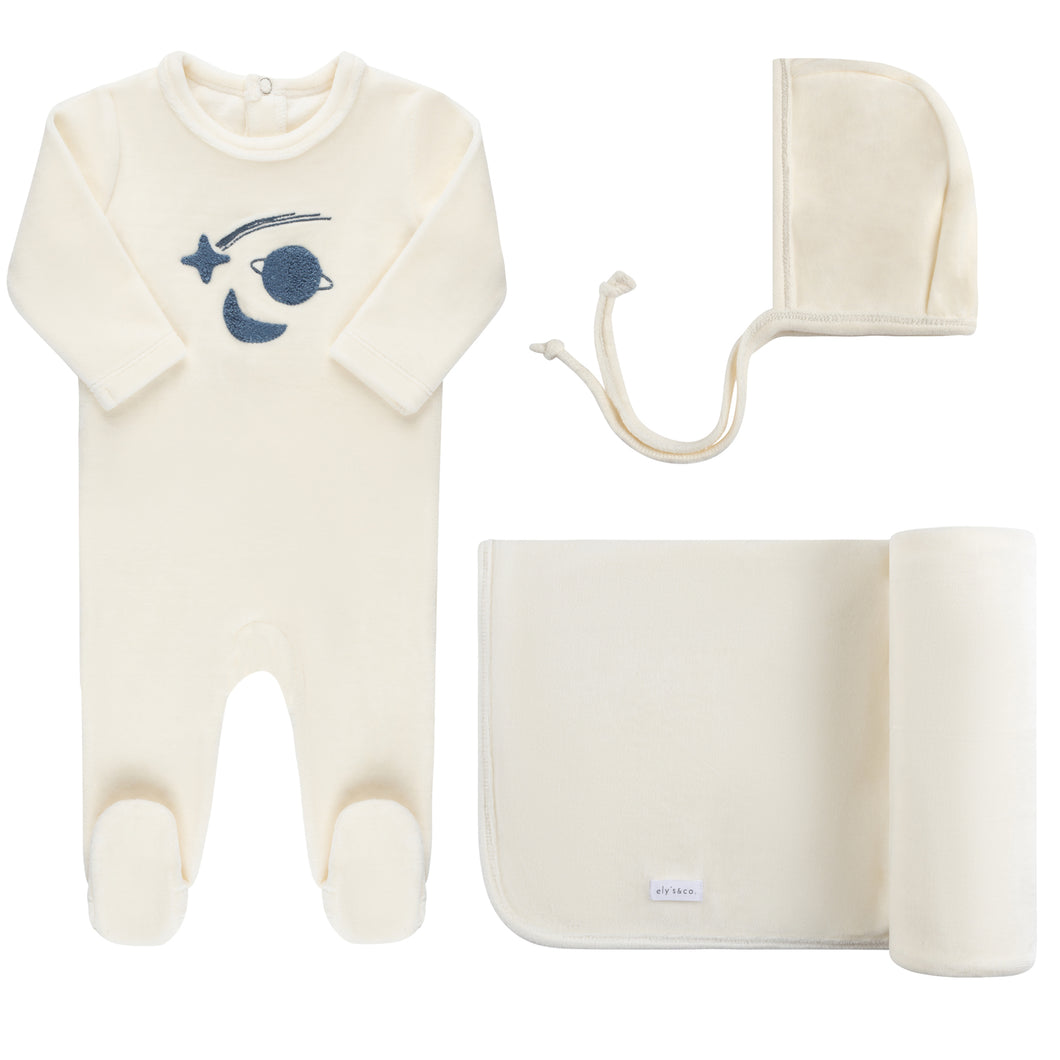 Velour celestial layette set - Ivory with navy