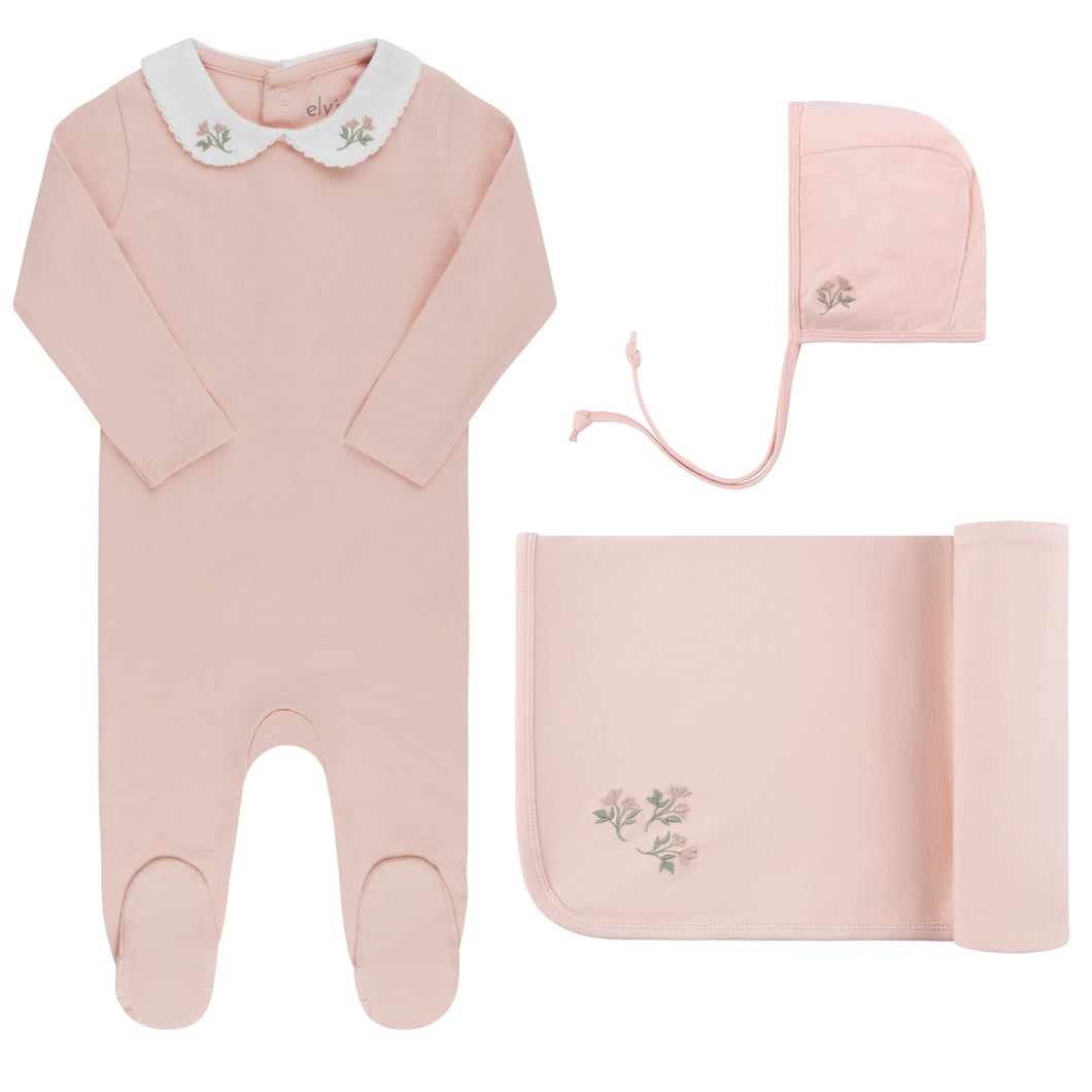 Embroidered collar cotton layette set - Pink