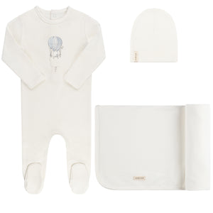 French terry hot air balloon layette set - Ivory/blue