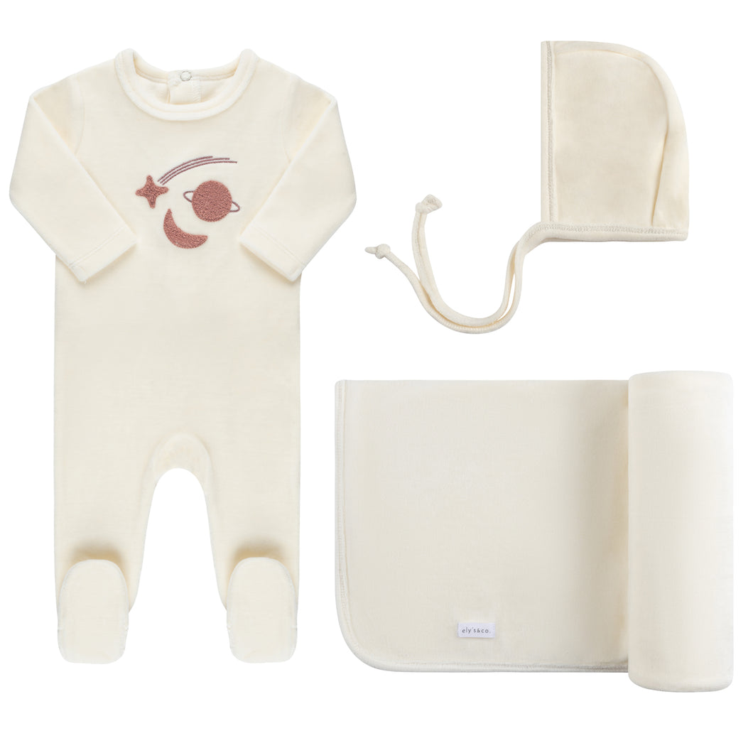 Velour celestial layette set - Ivory with pink