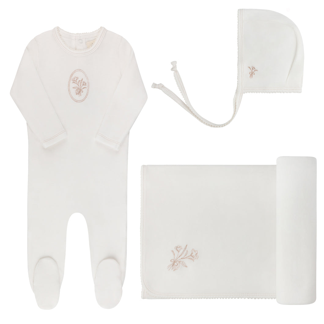 Velour center floral collection - layette set - Ivory/rosegold