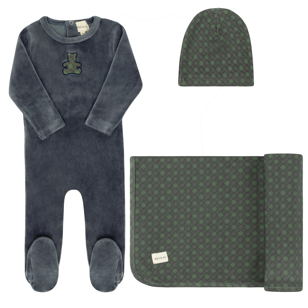 Velour plaid bear collection - Layette set - Blue