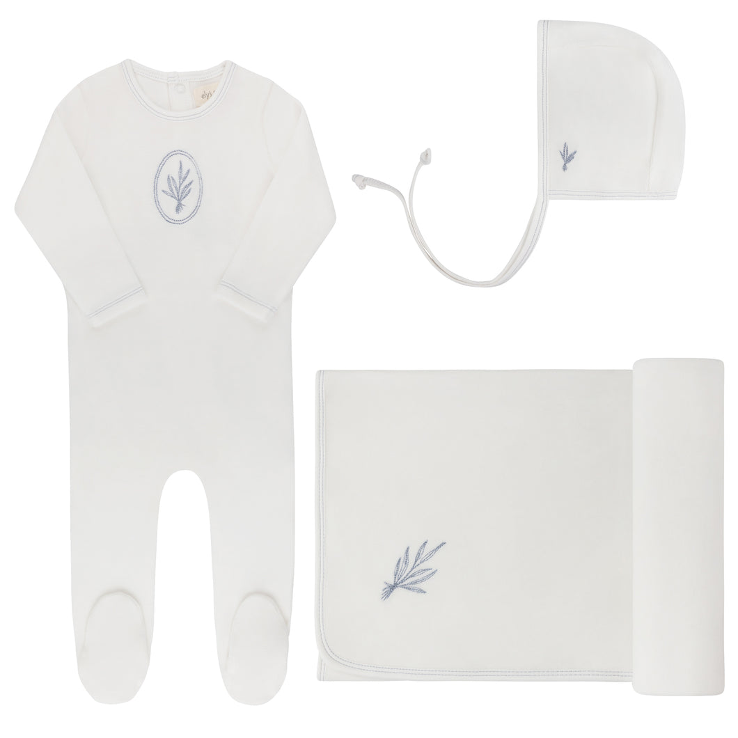 Velour center floral collection - layette set - Ivory/blue
