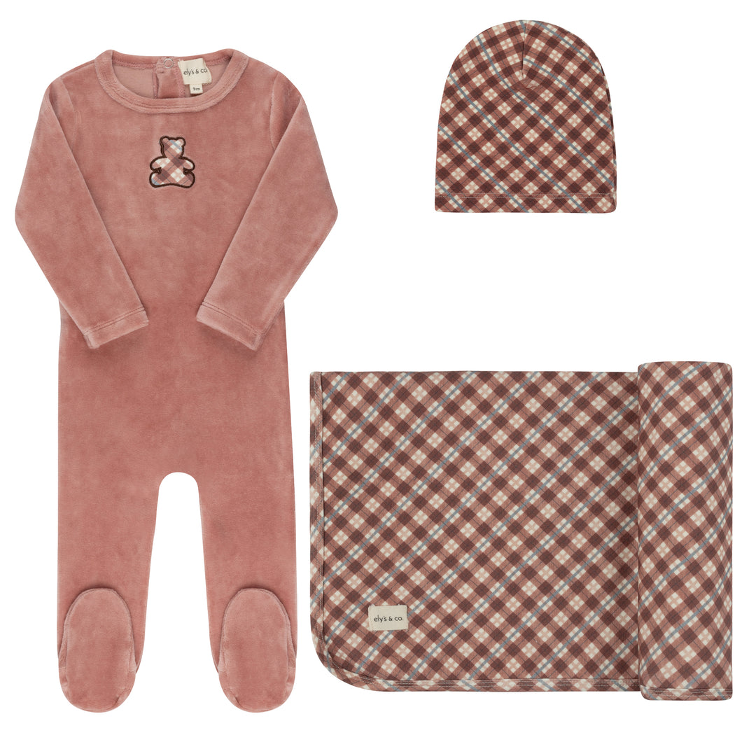 Velour plaid bear collection - Layette set - Pink
