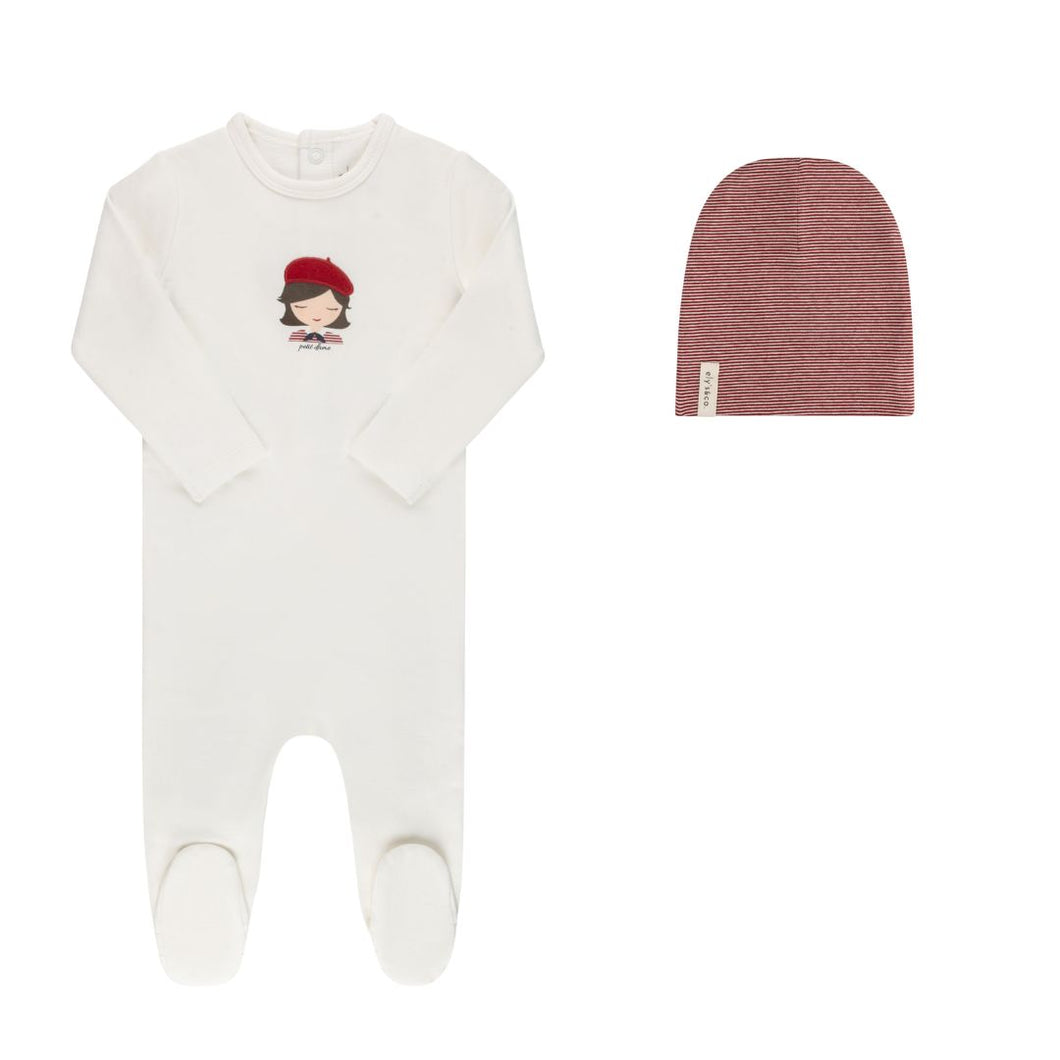 Organic french terry french girl footie and beanie - Ivory