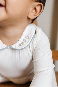 Organic cotton wide rib embroidered footie and bonnet - Ivory/blue