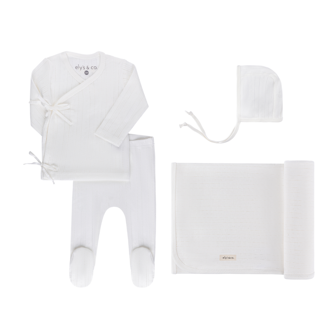 Pointelle bris set and bonnet with blanket - Cream