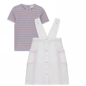 Striped Umbrella Dress - Short Sleeves - White