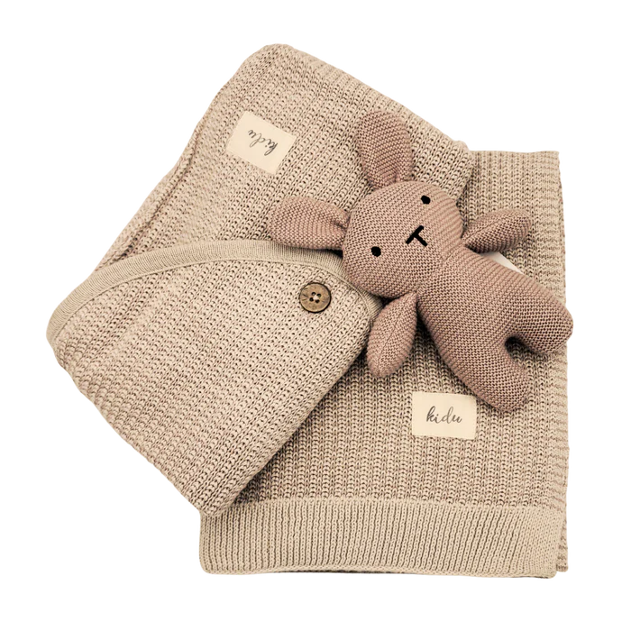 100% Organic Cotton Knitted Pink Baby Blanket and Bunny Set