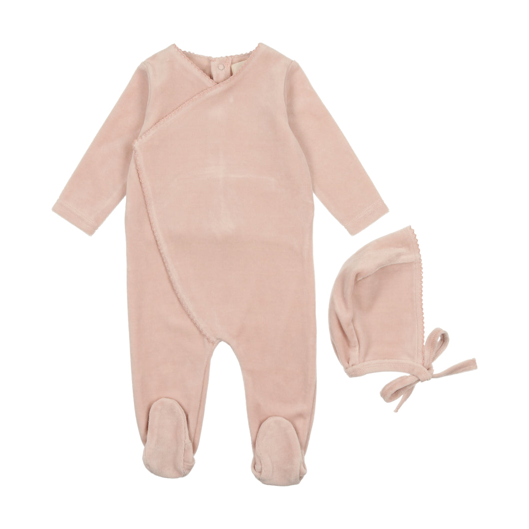 Picot edge velour footie and bonnet - Pink