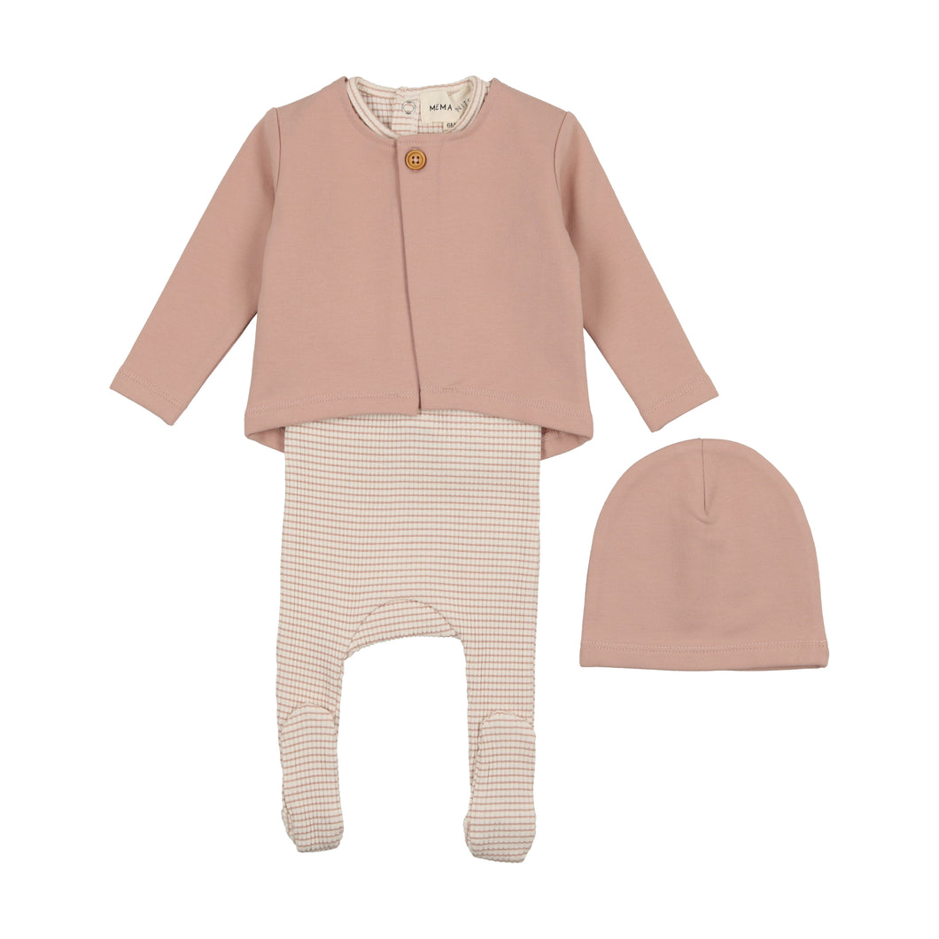 Striped footie with cardigan and beanie - Pink