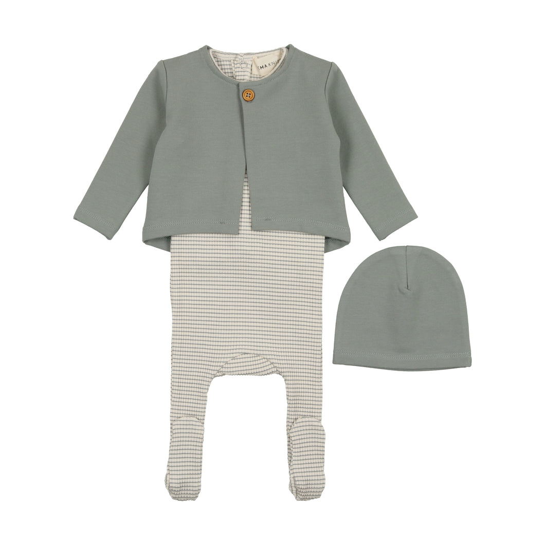 Striped footie with cardigan and beanie - Powder blue