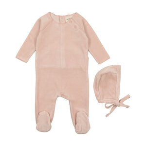 Velour button footie and bonnet - Old rose
