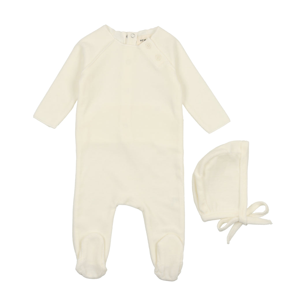 Velour button footie and bonnet - Cream