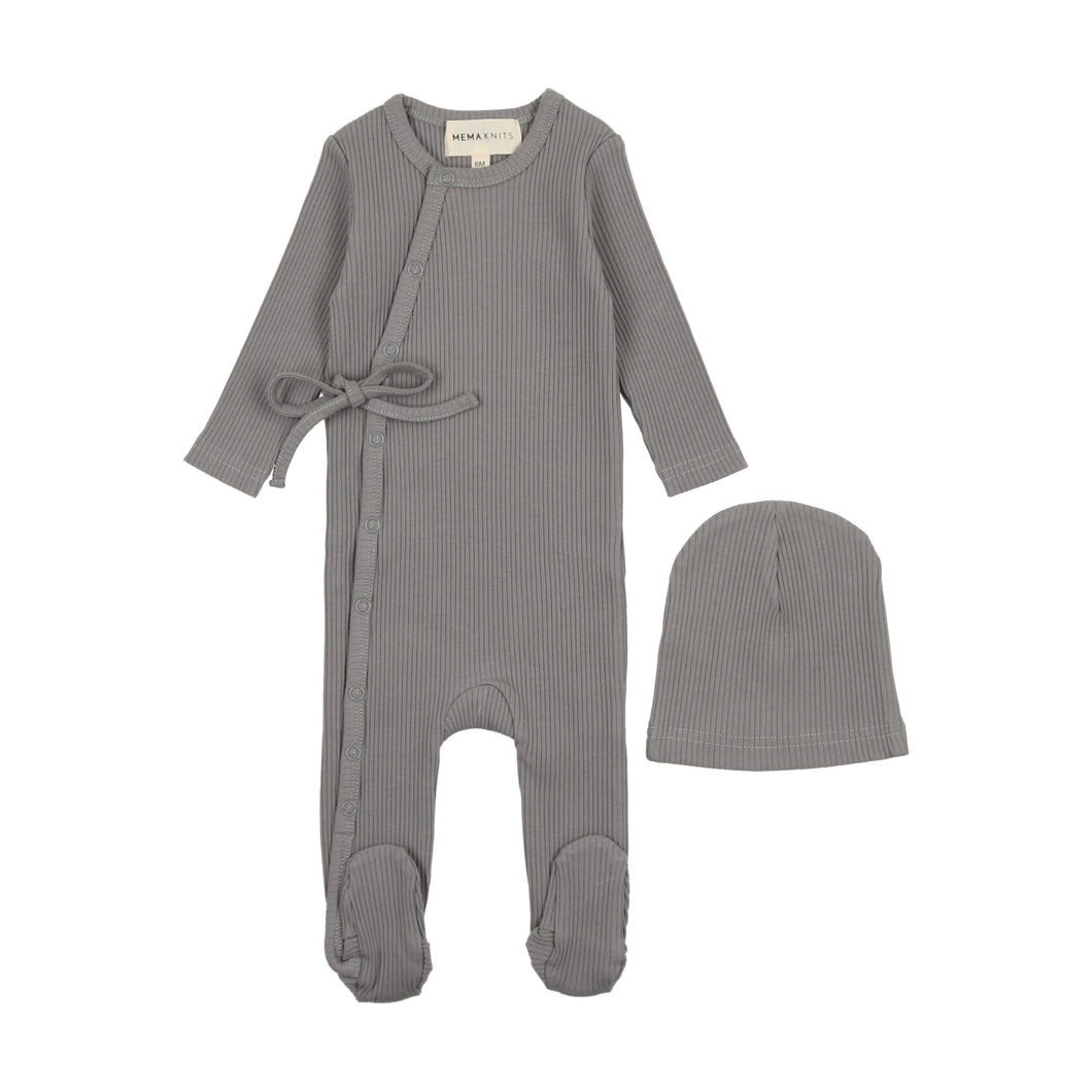 Rib wrap footie and beanie - Sea blue