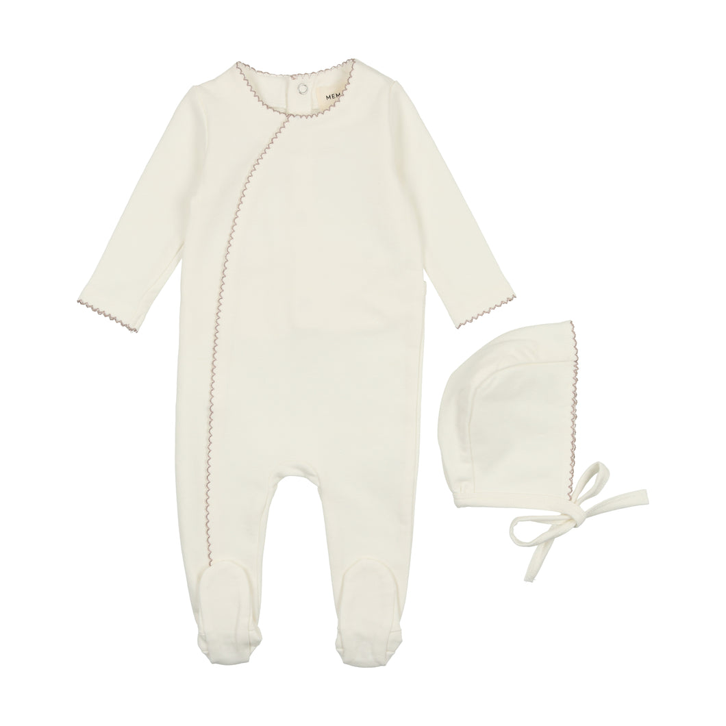 Metallic piped edge footie and bonnet - Cream/Mauve