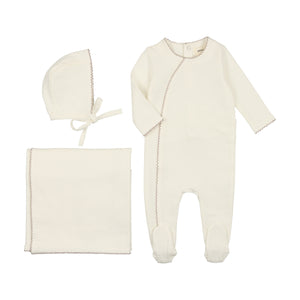 Metallic edge piped layette set - Cream/mauve