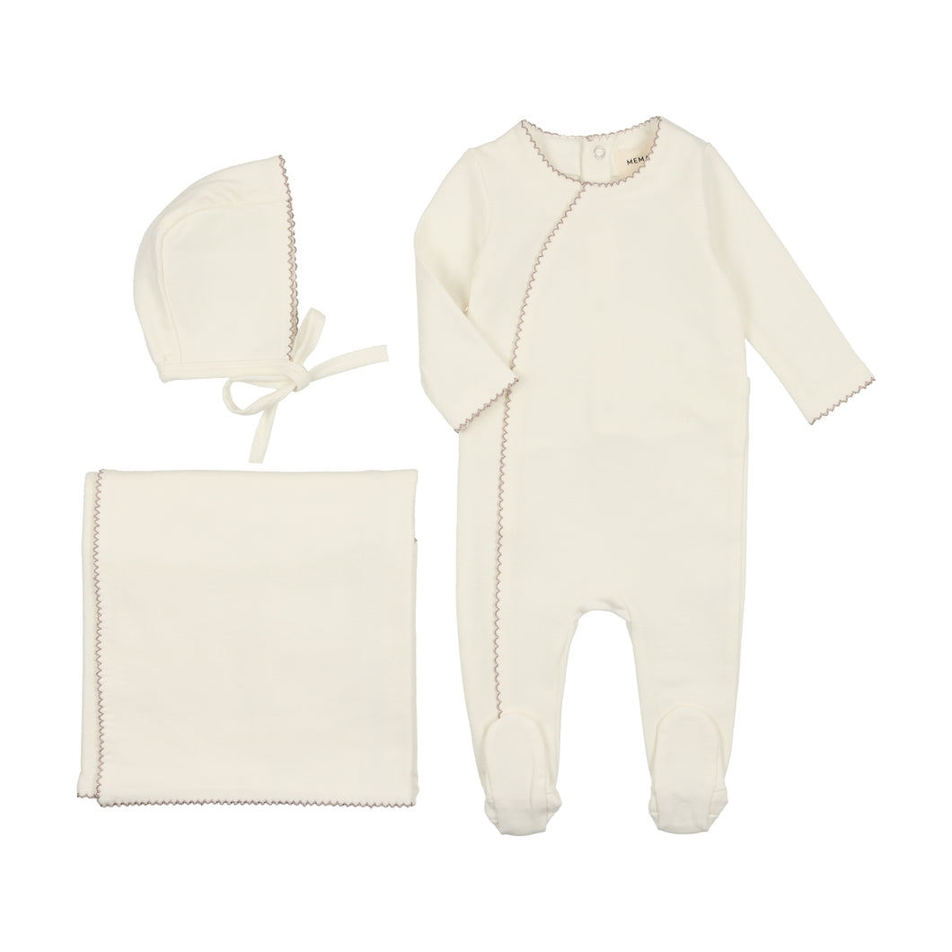 Metallic edge piped layette set - Cream/mauve