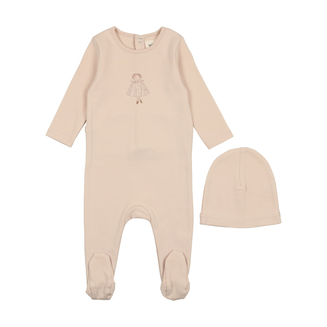Doll footie and beanie - pink tint/cream