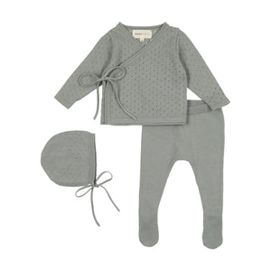 Knit pointelle wrap 2 pc set and bonnet - Powder blue