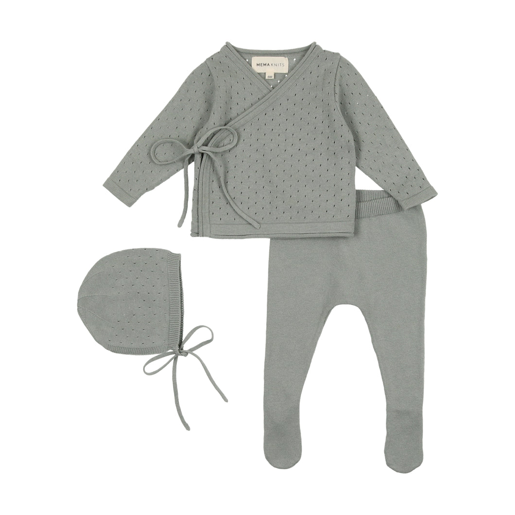Knit pointelle wrap 2 pc set and bonnet - Powder blue