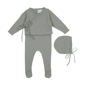 Knit footie with cropped cardigan and bonnet - Powder blue