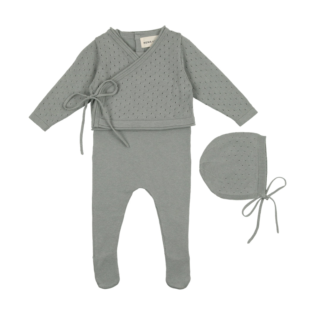 Knit footie with cropped cardigan and bonnet - Powder blue