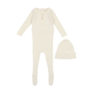 Ribbed knit footie and beanie - Cream