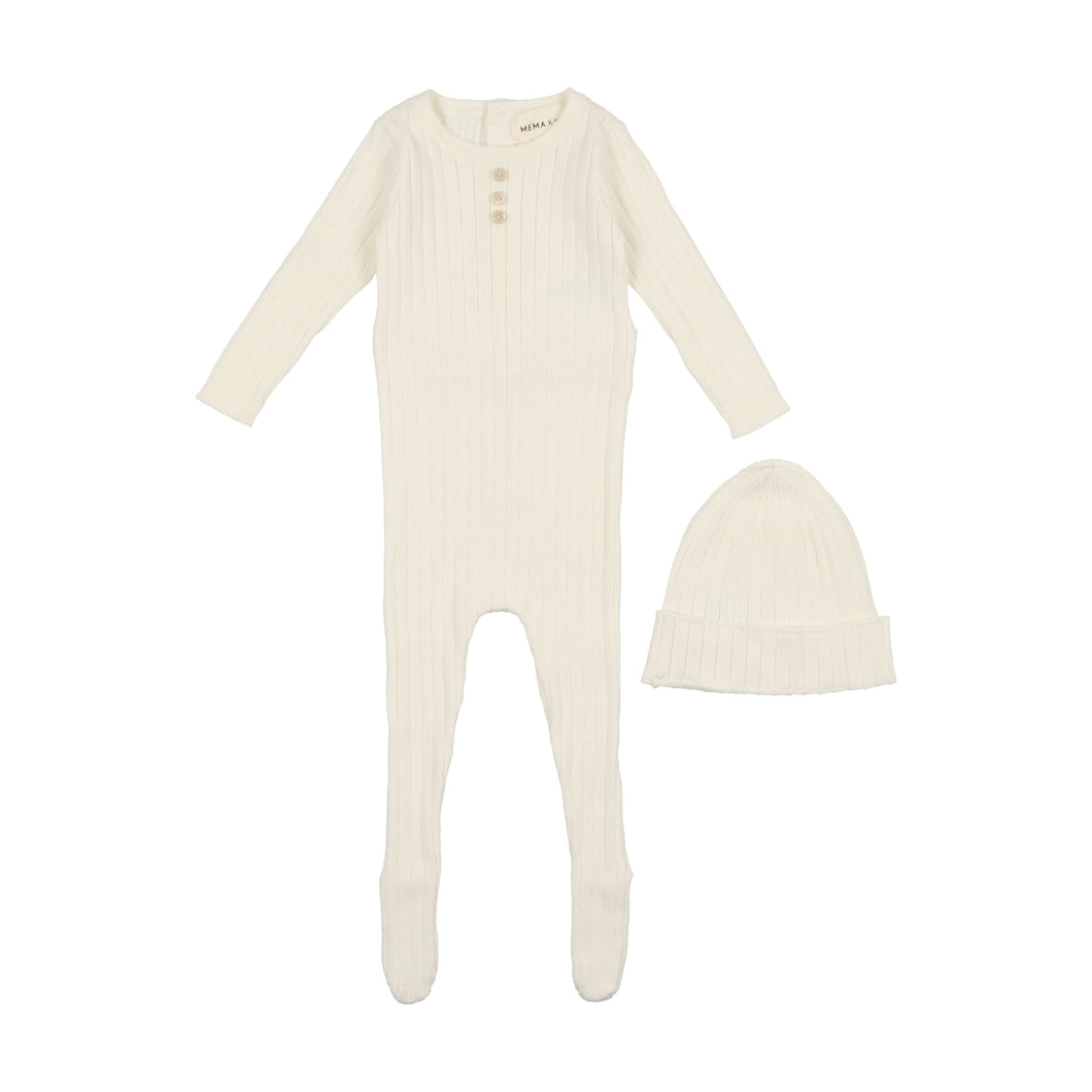 Ribbed knit footie and beanie - Cream
