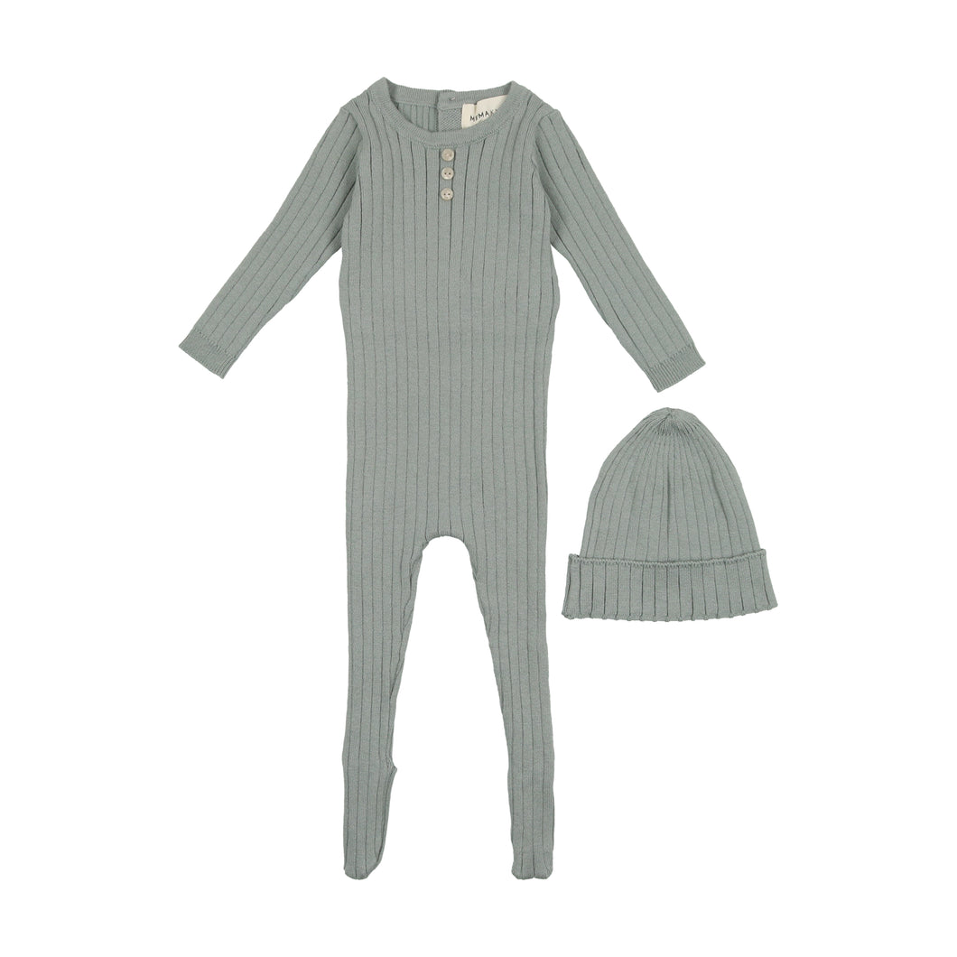 Ribbed knit footie and beanie - Powder blue