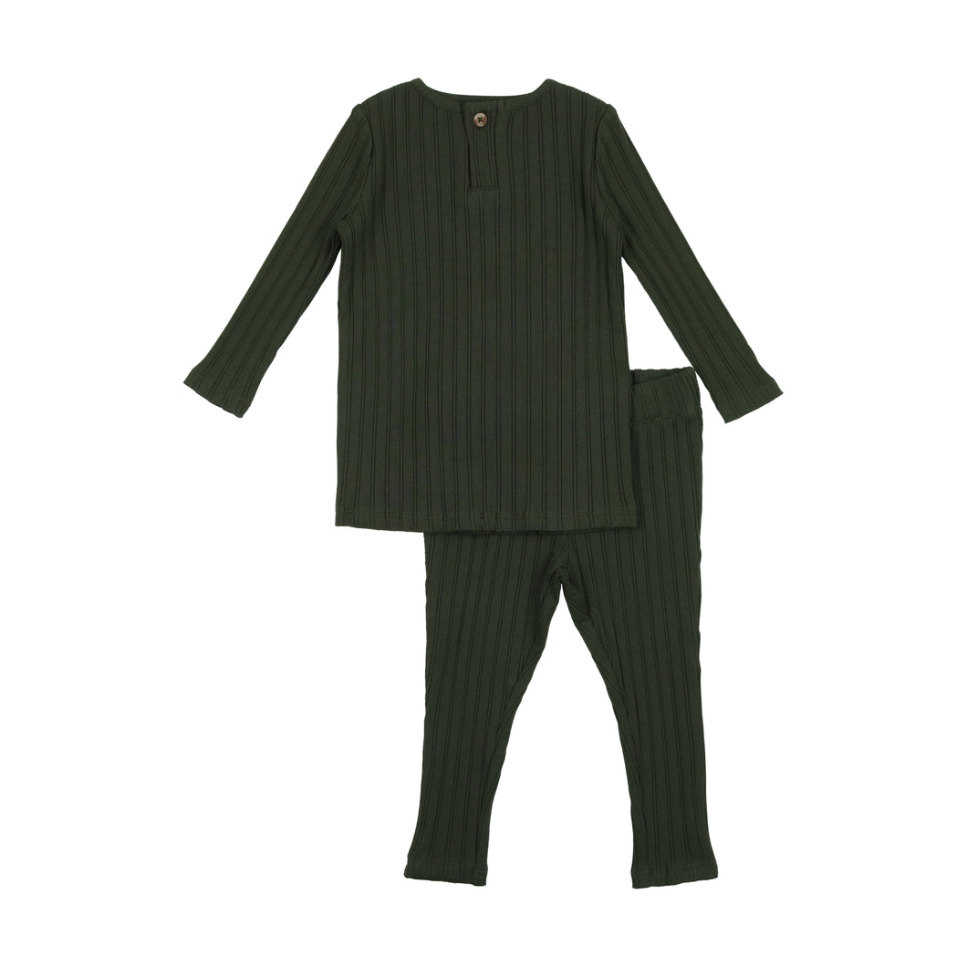 Scalloped ribbed baby boy set - Smokey olive