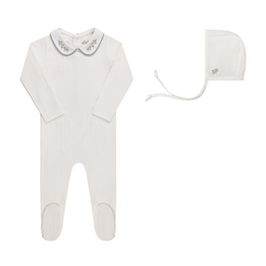 Organic cotton wide rib embroidered footie and bonnet - Ivory/blue
