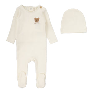 Bear applique footie set - Cream