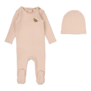 Bear applique footie set - Dusty pink