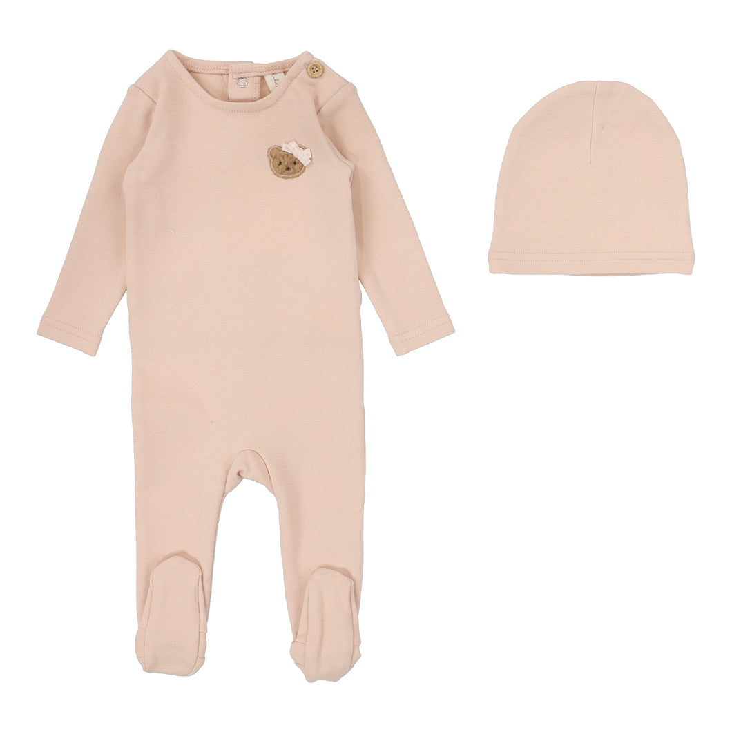 Bear applique footie set - Dusty pink