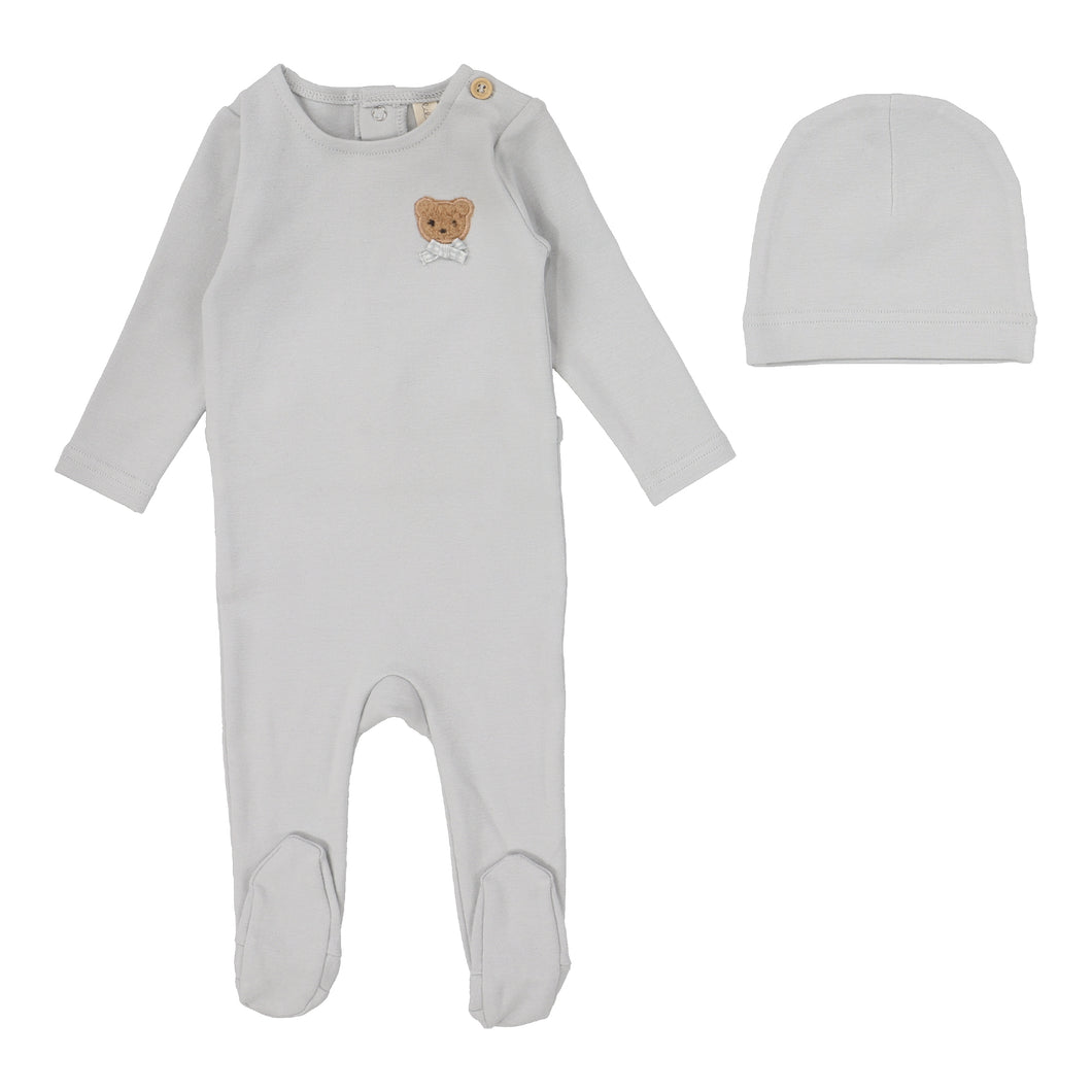 Bear applique footie set - Pale blue