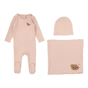 Bear applique layette set - Dusty pink