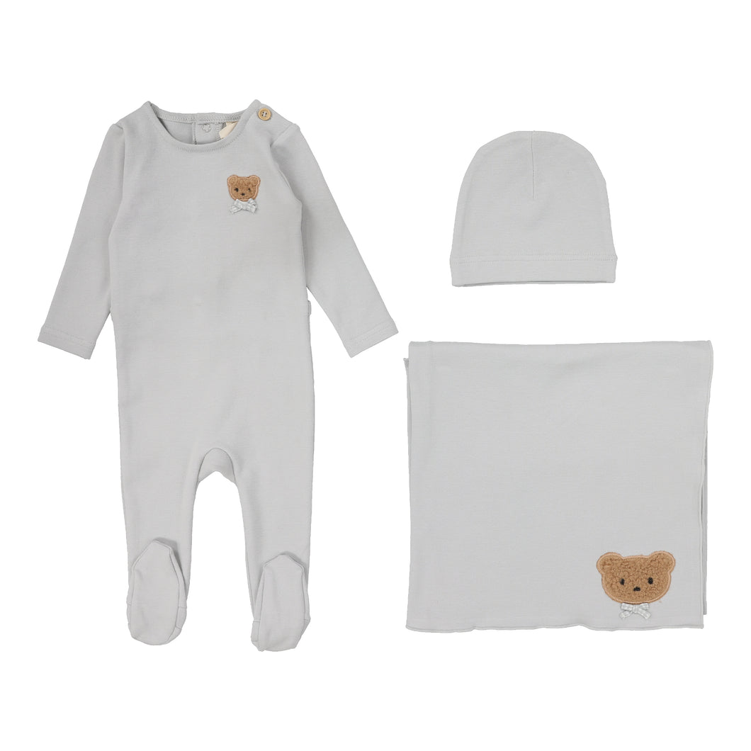 Bear applique layette set - Pale blue
