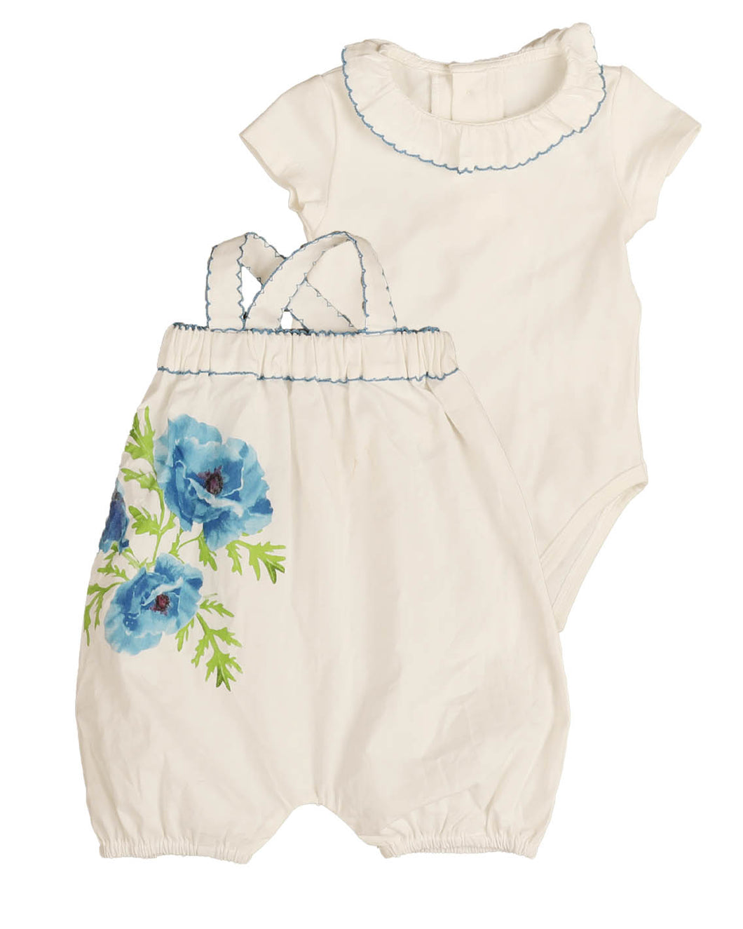 Baby set with special stitch trims and poppy print - Blue BBB510