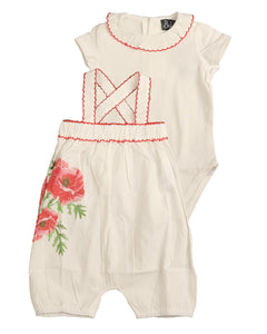 Baby set with special stitch trims and poppy print - Coral BBB510