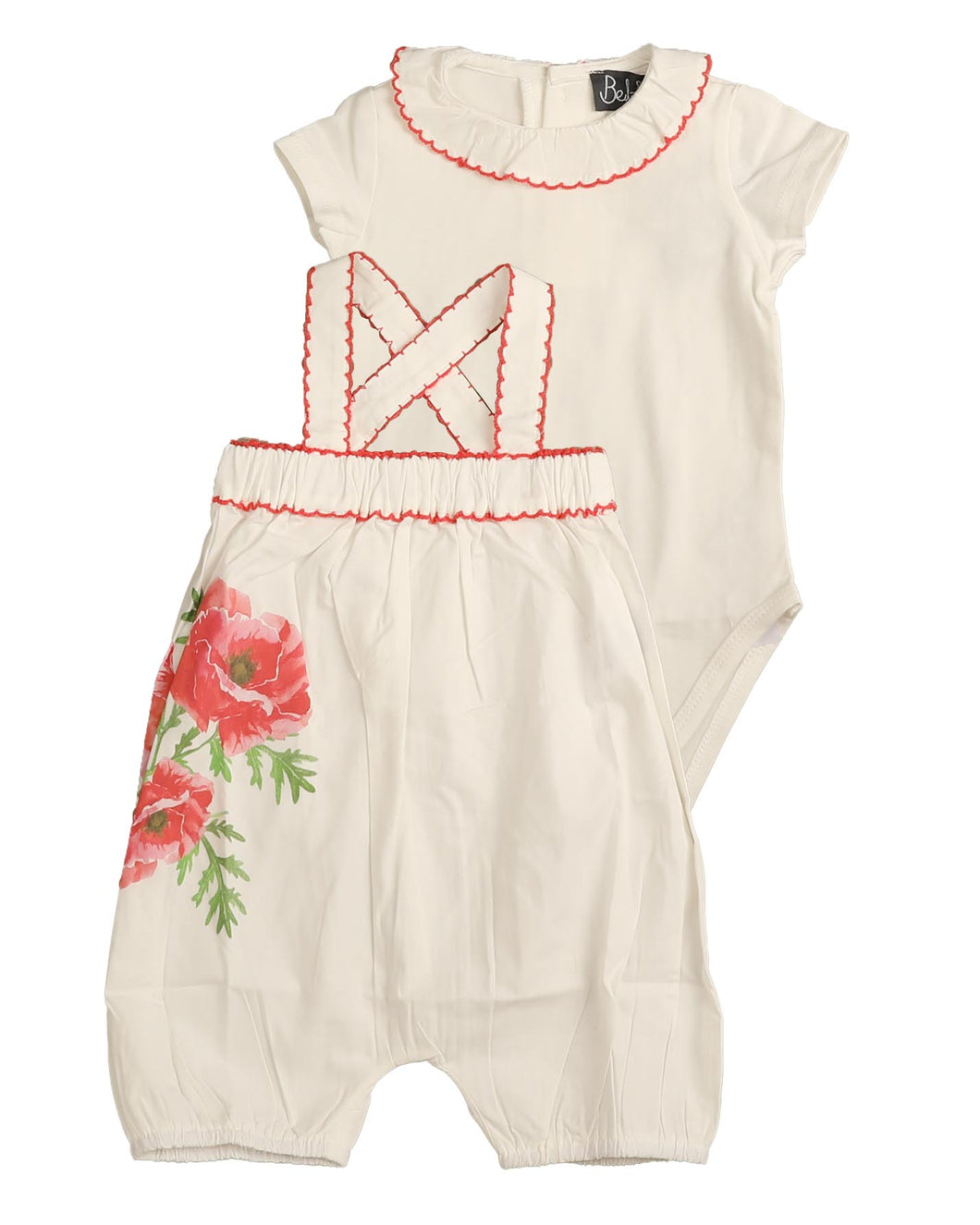 Baby set with special stitch trims and poppy print - Coral BBB510