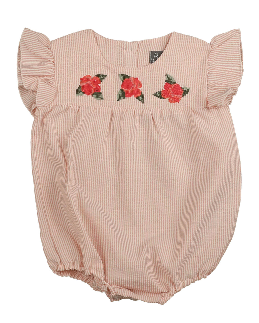 Striped seersucker romper with big cross stitch flower embroidery - Pink BBB513