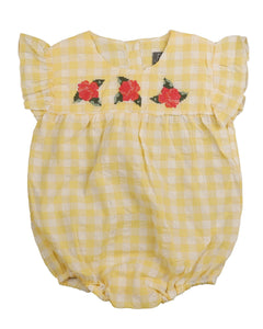 Striped seersucker romper with big cross stitch flower embroidery - Pale yellow BBB513