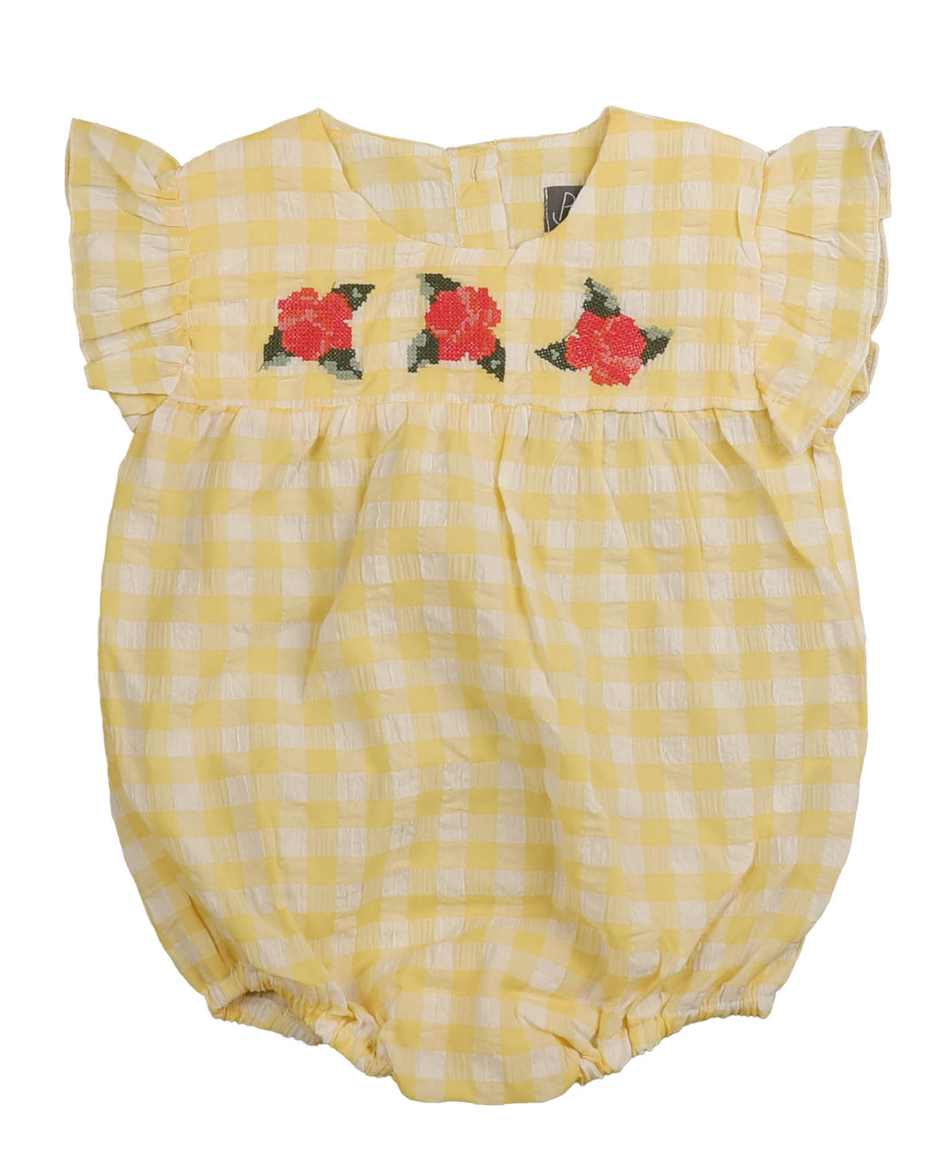 Striped seersucker romper with big cross stitch flower embroidery - Pale yellow BBB513